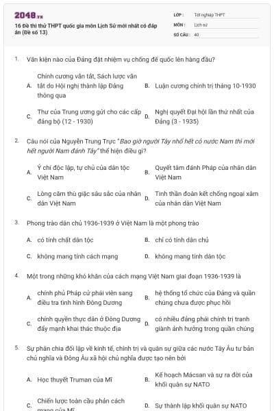16 Đề thi thử THPT quốc gia môn Lịch Sử mới nhất có đáp án (Đề số 13)