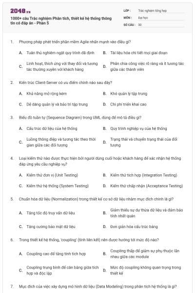 1000+ câu Trắc nghiệm Phân tích, thiết kế hệ thống thông tin có đáp án - Phần 5