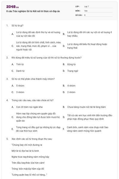 8 câu Trắc nghiệm Số từ Kết nối tri thức có đáp án