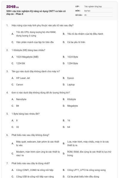 500+ câu trắc nghiệm Kỹ năng sử dụng CNTT cơ bản có đáp án - Phần 8