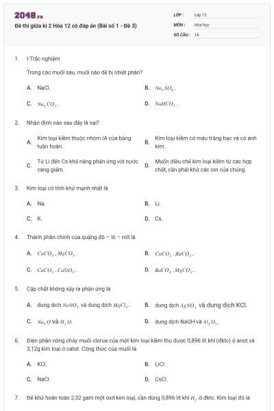 Đề thi giữa kì 2 Hóa 12 có đáp án (Bài số 1 - Đề 3)