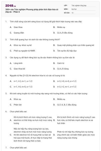 300+ câu Trắc nghiệm Phương pháp phân tích điện hóa có đáp án - Phần 6