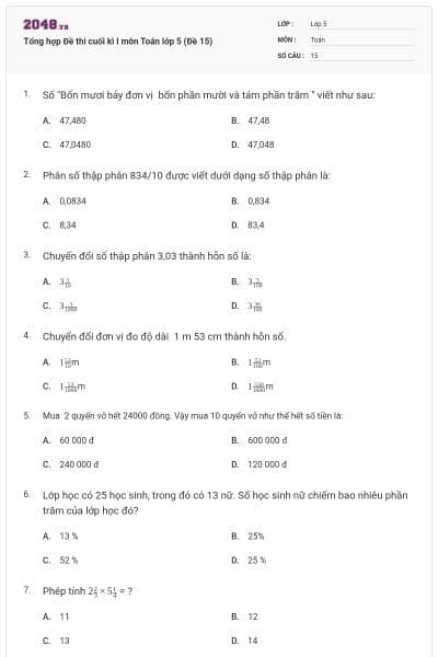 Tổng hợp Đề thi cuối kì I môn Toán lớp 5 (Đề 15)
