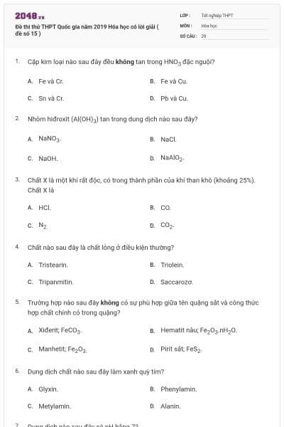 Đề thi thử THPT Quốc gia năm 2019 Hóa học có lời giải ( đề số 15 )