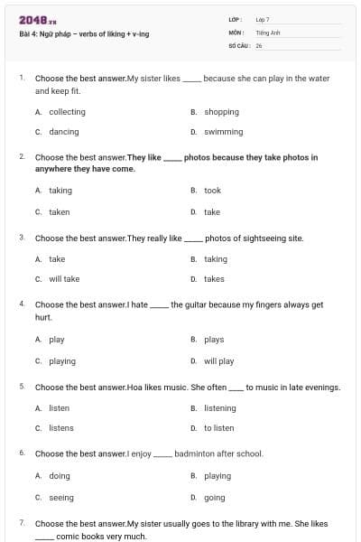 Bài 4: Ngữ pháp – verbs of liking + v-ing