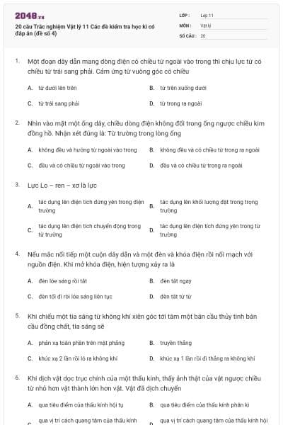 20 câu  Trắc nghiệm Vật lý 11 Các đề kiểm tra học kì có đáp án (đề số 4)