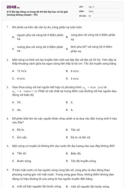 615 Bài tập Sóng cơ trong đề thi thử Đại học có lời giải (trường không chuyên - P6)