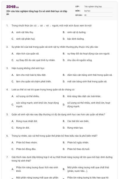 20+ câu trắc nghiệm tổng hợp Cơ sở sinh thái học có đáp án