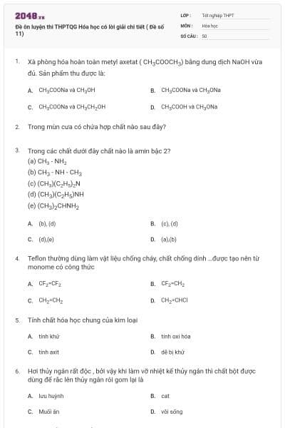 Đề ôn luyện thi THPTQG Hóa học có lời giải chi tiết ( Đề số 11)