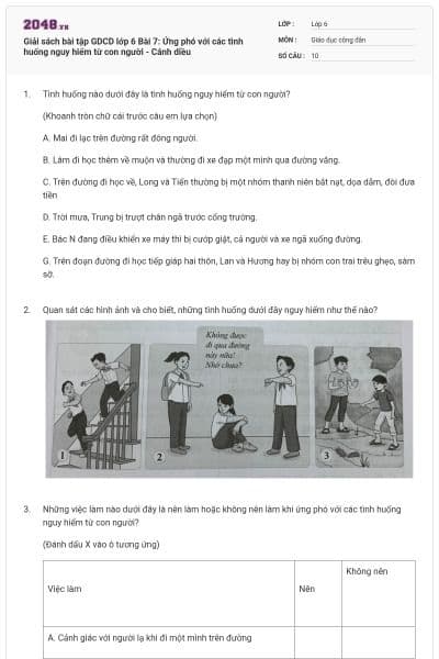 Giải sách bài tập GDCD lớp 6 Bài 7: Ứng phó với các tình huống nguy hiểm từ con người  - Cánh diều