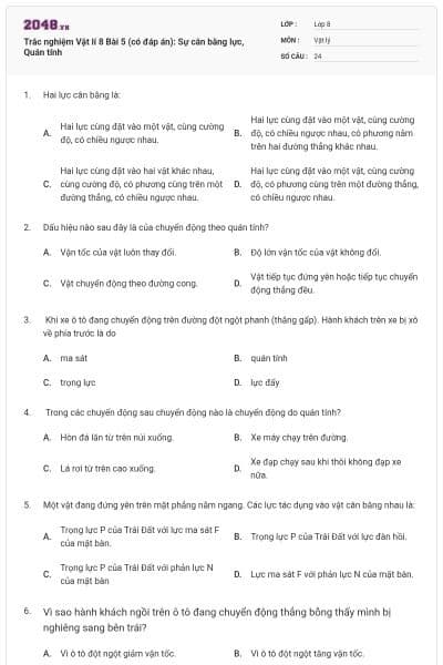 Trắc nghiệm Vật lí 8 Bài 5 (có đáp án): Sự cân bằng lực, Quán tính