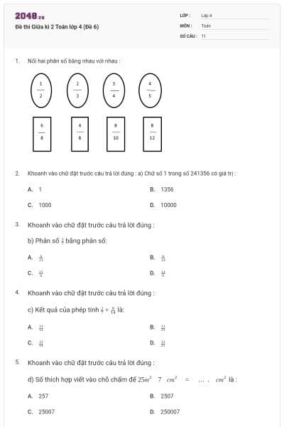 Đề thi Giữa kì 2 Toán lớp 4 (Đề 6)