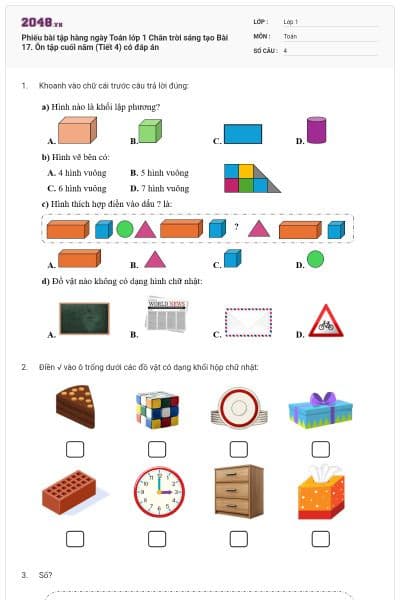 Phiếu bài tập hàng ngày Toán lớp 1 Chân trời sáng tạo Bài 17. Ôn tập cuối năm (Tiết 4) có đáp án