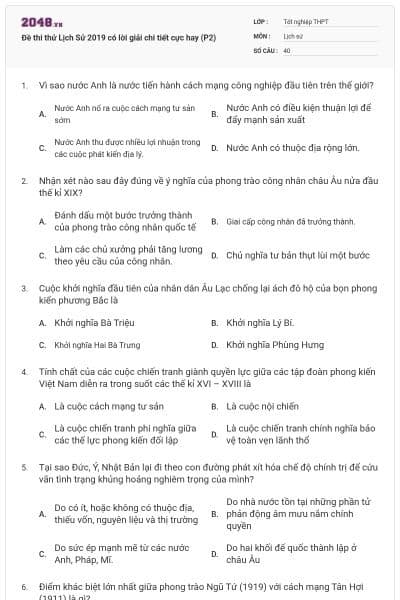 Đề thi thử Lịch Sử 2019 có lời giải chi tiết cực hay (P2)