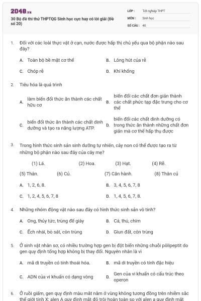 30 Bộ đề thi thử THPTQG Sinh học cực hay có lời giải (Đề số 20)