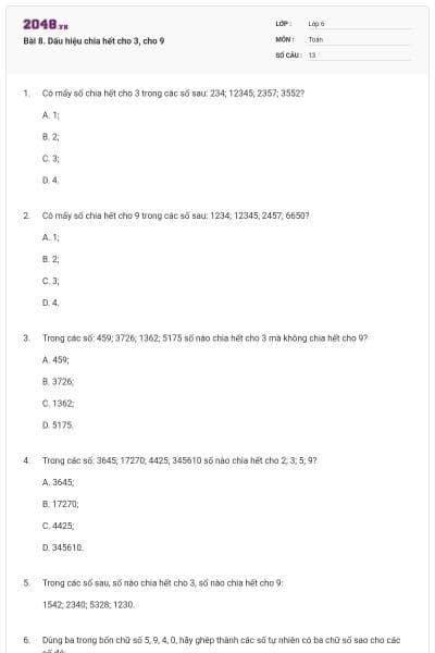 Bài 8. Dấu hiệu chia hết cho 3, cho 9