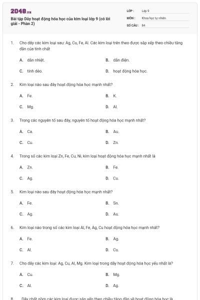 Bài tập Dãy hoạt động hóa học của kim loại lớp 9 (có lời giải - Phần 2)