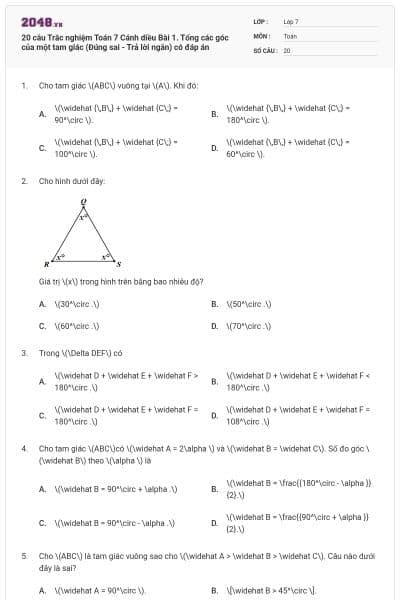 20 câu Trắc nghiệm Toán 7 Cánh diều Bài 1. Tổng các góc của một tam giác (Đúng sai - Trả lời ngắn) có đáp án