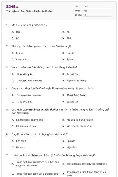 Trắc nghiệm: Ông Giuốc - Đanh mặc lễ phục
