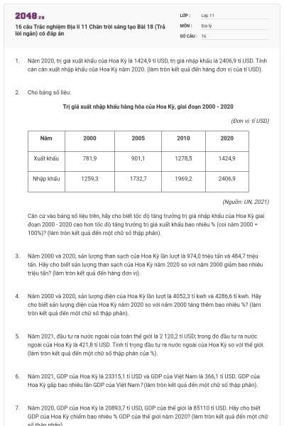 16 câu Trắc nghiệm Địa lí 11 Chân trời sáng tạo Bài 18 (Trả lời ngắn) có đáp án