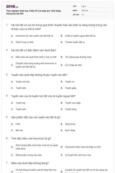 Trắc nghiệm Sinh học 8 Bài 55 (có đáp án): Giới thiệu chung hệ nội tiết