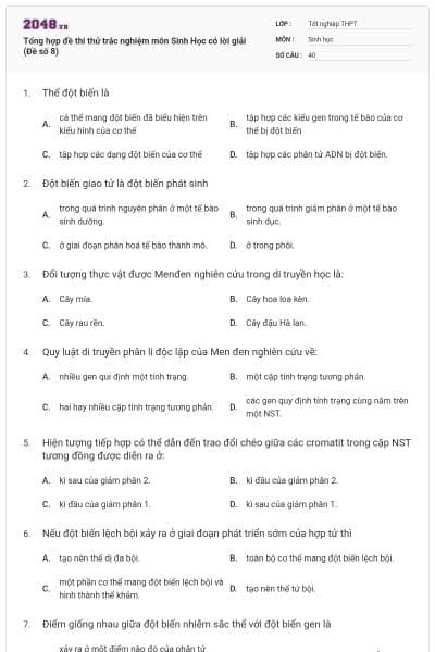 Tổng hợp đề thi thử trắc nghiệm môn Sinh Học có lời giải (Đề số 8)