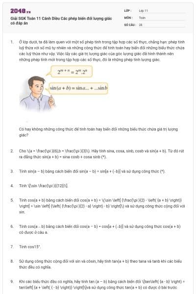 Giải SGK Toán 11 Cánh Diều Các phép biến đổi lượng giác có đáp án