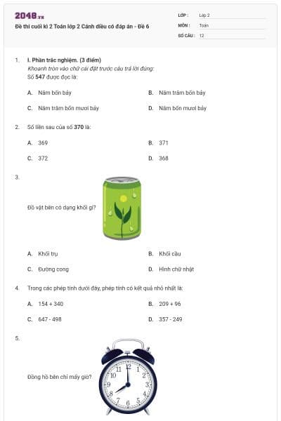 Đề thi cuối kì 2 Toán lớp 2 Cánh diều có đáp án - Đề 6
