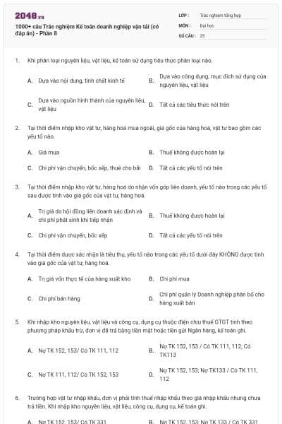 1000+ câu Trắc nghiệm Kế toán doanh nghiệp vận tải (có đáp án) - Phần 8