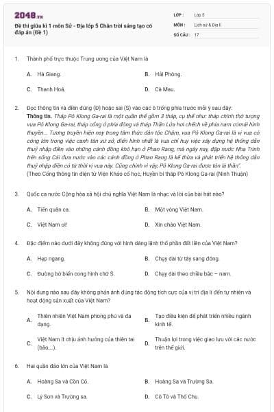 Đề thi giữa kì 1 môn Sử - Địa lớp 5 Chân trời sáng tạo có đáp án (Đề 1)