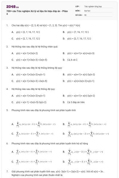 700+ câu Trắc nghiệm Xử lý số liệu tín hiệu đáp án - Phần 4