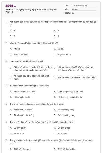 500+ câu Trắc nghiệm Công nghệ phần mềm có đáp án - Phần 11