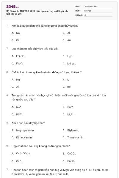 Bộ đề ôn thi THPTQG 2019 Hóa học cực hay có lời giải chi tiết (Đề số 22)