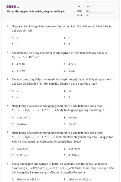 Bài tập Mẫu nguyên tử Bo cơ bản, nâng cao có lời giải