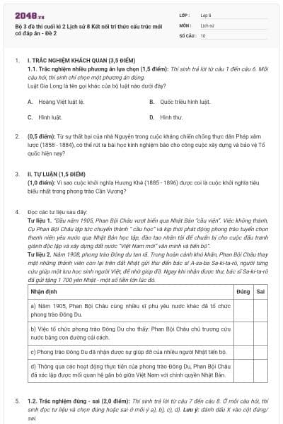 Bộ 3 đề thi cuối kì 2 Lịch sử 8 Kết nối tri thức cấu trúc mới có đáp án - Đề 2