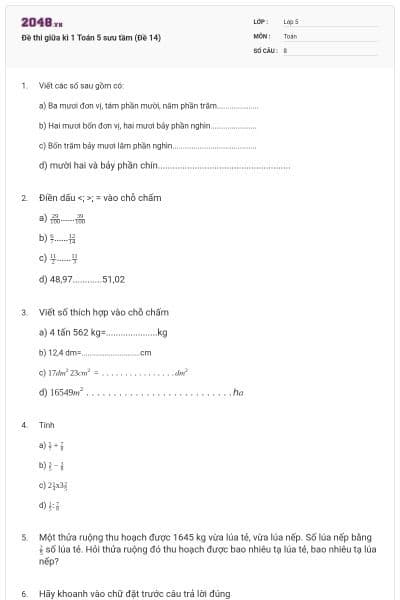 Đề thi giữa kì 1 Toán 5 sưu tầm (Đề 14)