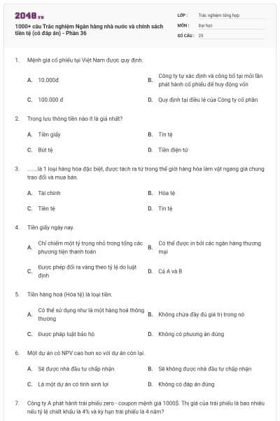 1000+ câu Trắc nghiệm Ngân hàng nhà nước và chính sách tiền tệ (có đáp án) - Phần 36