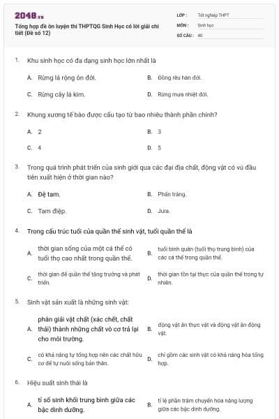 Tổng hợp đề ôn luyện thi THPTQG Sinh Học có lời giải chi tiết (Đề số 12)