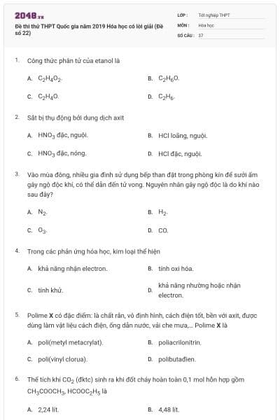 Đề thi thử THPT Quốc gia năm 2019 Hóa học có lời giải (Đề số 22)
