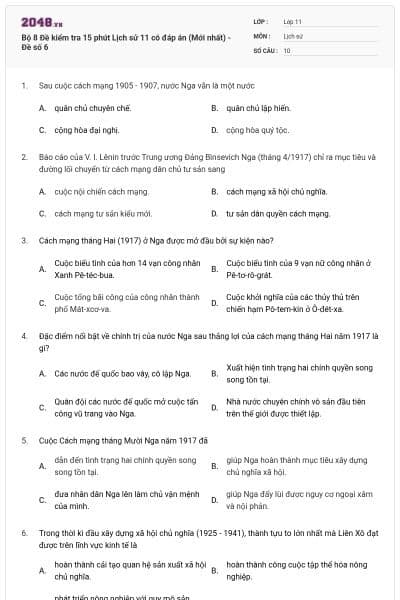 Bộ 8 Đề kiểm tra 15 phút Lịch sử 11 có đáp án (Mới nhất) - Đề số 6