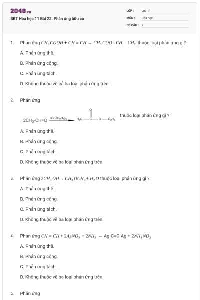 SBT Hóa học 11 Bài 23: Phản ứng hữu cơ