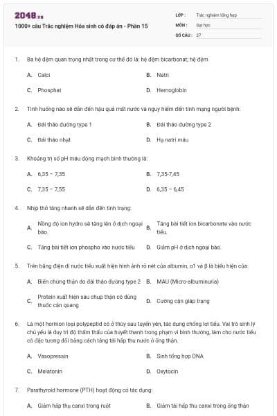 1000+ câu Trắc nghiệm Hóa sinh có đáp án - Phần 15