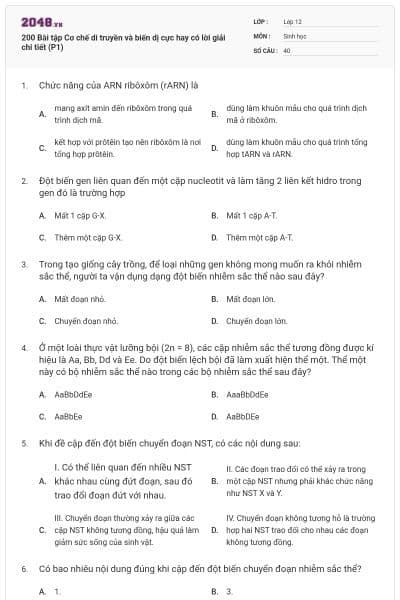 200 Bài tập Cơ chế di truyền và biến dị cực hay có lời giải chi tiết (P1)