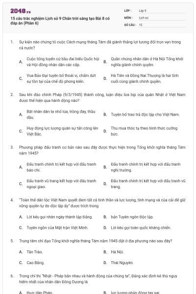 15 câu trắc nghiệm Lịch sử 9 Chân trời sáng tạo Bài 8 có đáp án (Phần 6)