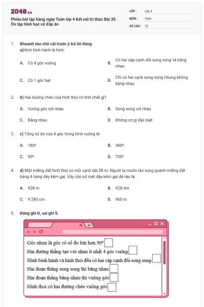 Phiếu bài tập hàng ngày Toán lớp 4 Kết nối tri thức Bài 35. Ôn tập hình học có đáp án