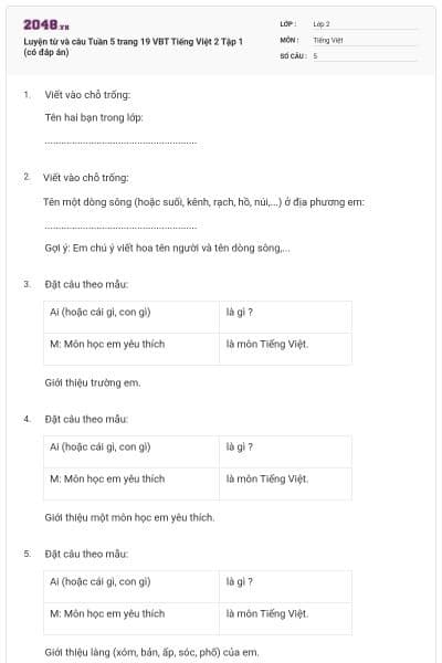 Luyện từ và câu Tuần 5 trang 19 VBT Tiếng Việt 2 Tập 1 (có đáp án)