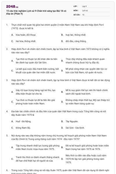15 câu trắc nghiệm Lịch sử 9 Chân trời sáng tạo Bài 18 có đáp án (Phần 9)