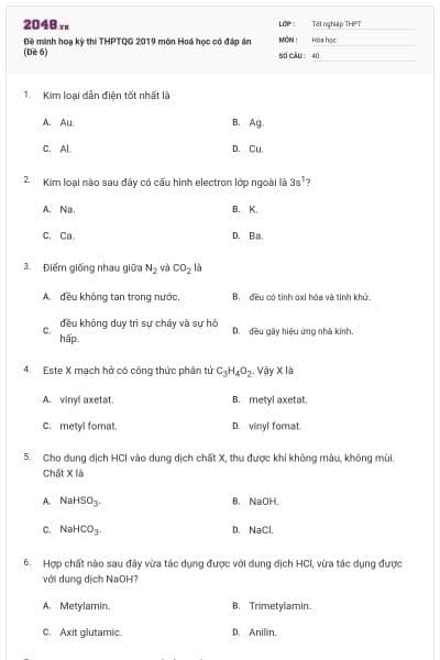 Đề minh hoạ kỳ thi THPTQG 2019 môn Hoá học có đáp án (Đề 6)