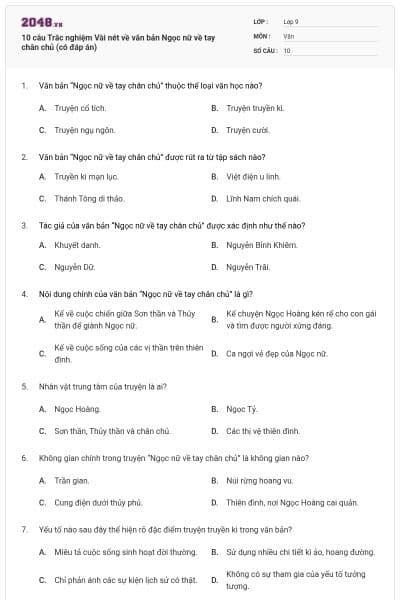 10 câu Trắc nghiệm Vài nét về văn bản Ngọc nữ về tay chân chủ (có đáp án)