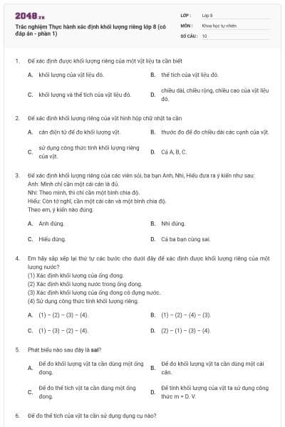Trắc nghiệm Thực hành xác định khối lượng riêng lớp 8 (có đáp án - phần 1)
